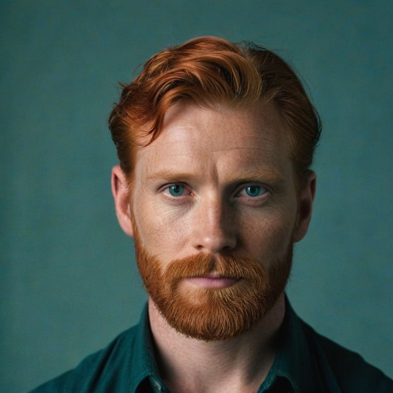 front shot, actor photo of a 30s red hair bearded  looks at viewer, cinematic shot