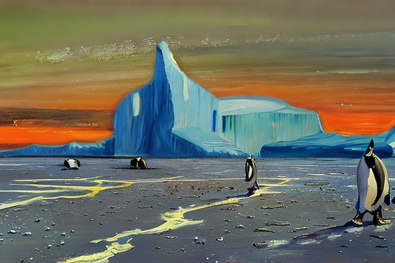 AI generated art representing "robots travel to Antarctica, at dawn, to investigate melting ice caps and flooding, the year is 2084, futuristic, deserted land."