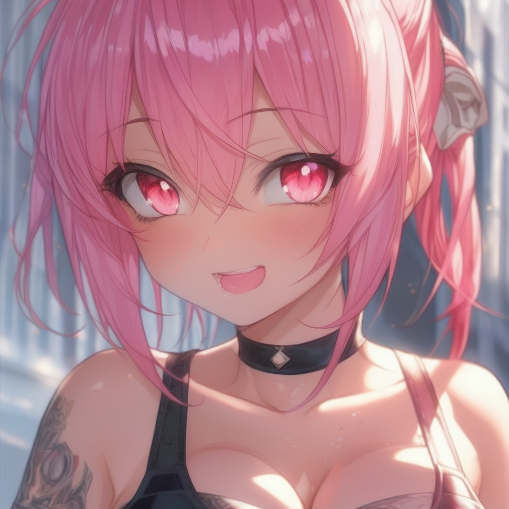 Has Big Boobs and A big booty Has Pink hair and red eyes is blushing and has a black outfit with a lot of skin showing a