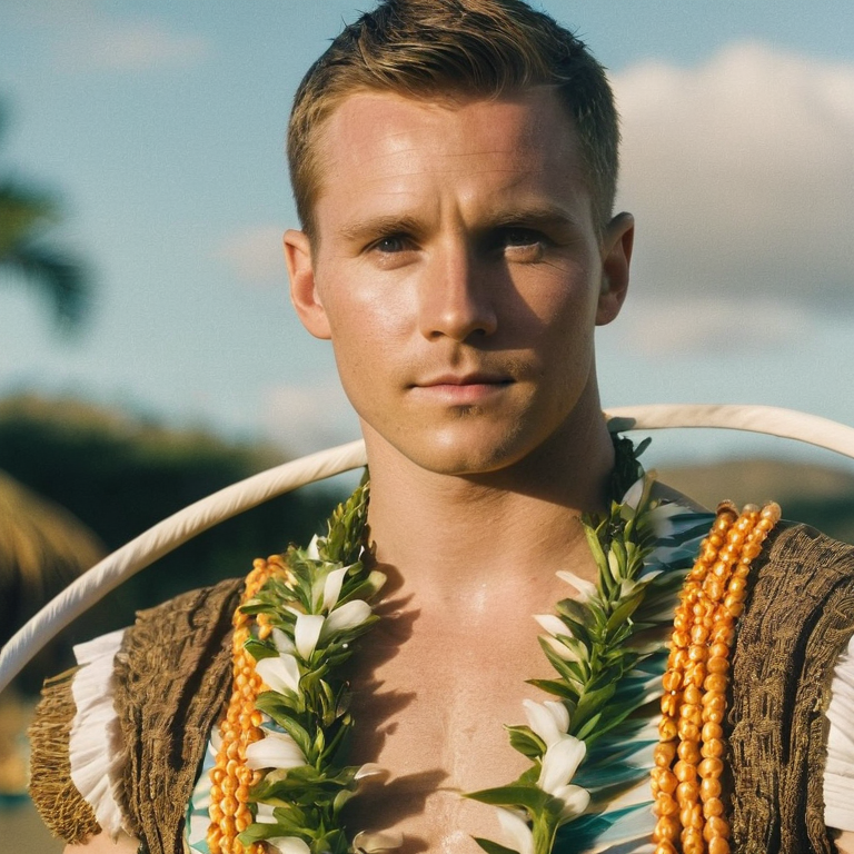 front shot, actor photo of a A white male hula hoop dancer  looks at viewer, cinematic shot