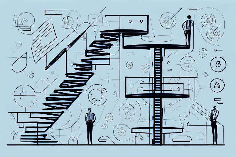 a staircase with each step representing a milestone in the journey to achieving a 4, 5, or 6 figure salary, hand-drawn abstract illustration for a company blog, in style of corporate memphis, faded colors, white background, professional, minimalist, clean lines