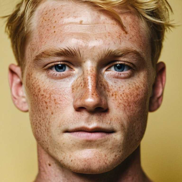 front shot, actor photo of a Man blonde freckles  looks at viewer, cinematic shot