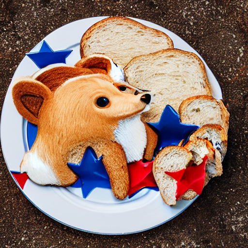 Patriotic picnic table with corgi's made of bread on plates