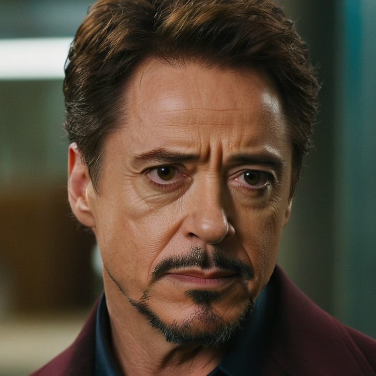 front shot, actor photo of a Man sharp jaw puppy eyes Tony stark  looks at viewer, cinematic shot