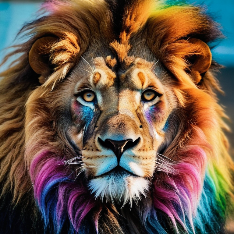 front shot, mugshot photo of a rainbow psycadelic lion  looks at viewer, cinematic shot