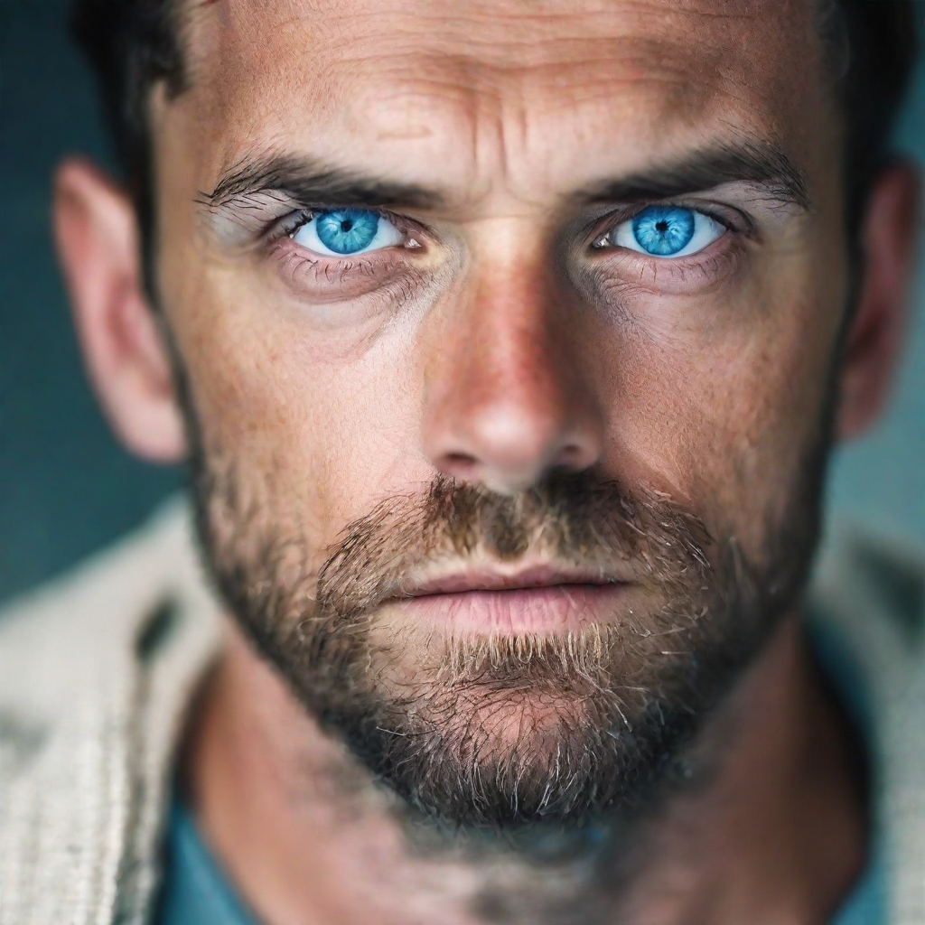 front shot, photo of man blue eyes looks at viewer, cinematic shot