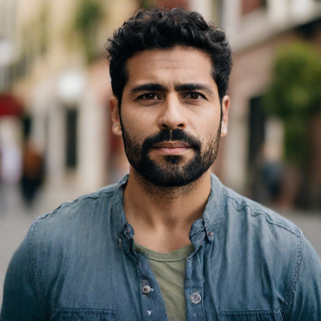 front shot, photo of 30 yo Hispanic man  looks at viewer, cinematic shot