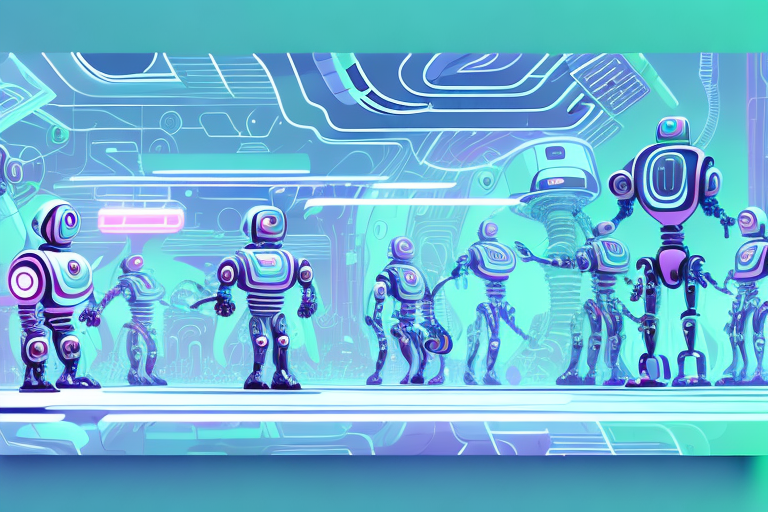 a futuristic landscape with robots and machines interacting with each other, hand-drawn abstract illustration for a company blog, in style of corporate memphis, faded colors, white background, professional, minimalist, clean lines