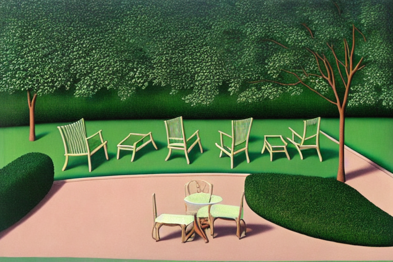 Patio chairs and tables by a manicured garden path by  by Rene Magritte surrealist