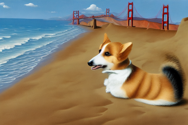 Sable haired heart shaped face Corgi with tail on sand at the beach, Golden Gate Bridge in background by Rene Magritte s