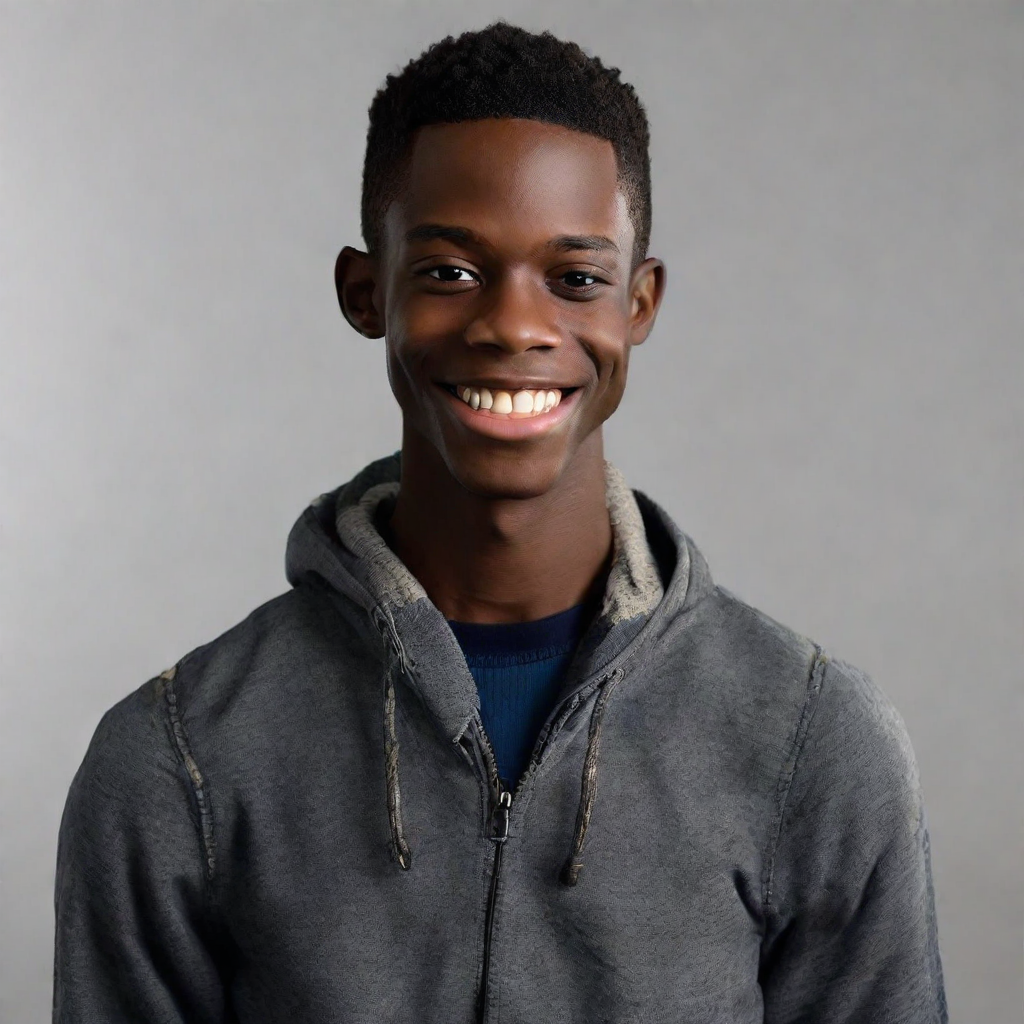 front shot, photo of Black male, skinny, approximately 5’8”, high school age, evil smile  looks at viewer, cinematic