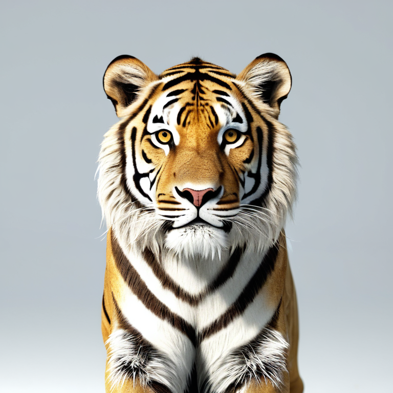 white background, front shot studio 3D render of lion tiger, cinematic shot