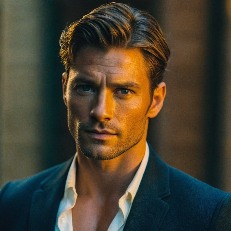 front shot, actor photo of a The most beautiful man in the world  looks at viewer, cinematic shot