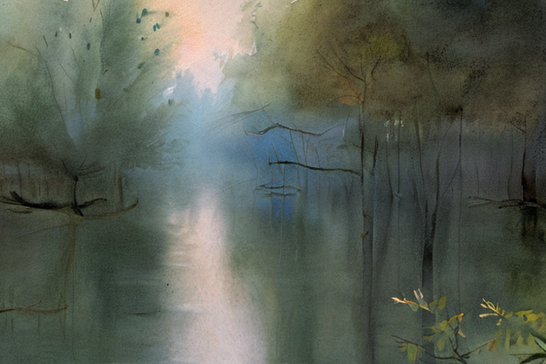 AI generated art representing "Produce a tranquil watercolor painting depicting a dense, misty forest with towering trees, soft sunlight filtering through the foliage, and a delicate color palette of greens and blues, similar to J.M.W. Turner's "The Fighting Temeraire.""