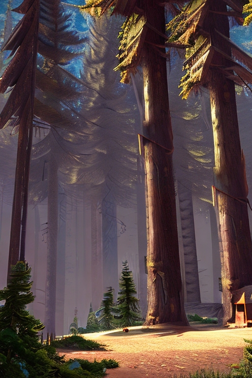 AI generated art representing "An epic forest with large Douglas Fir trees and a wooden cabin"