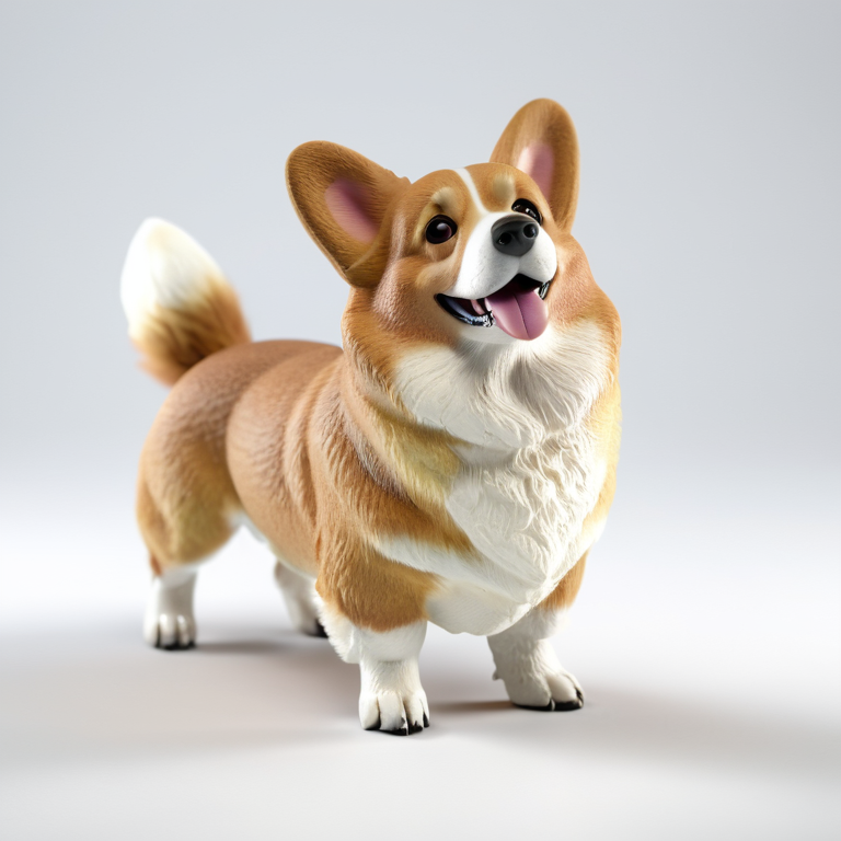 white background, front shot studio 3D render of corgi, cinematic shot