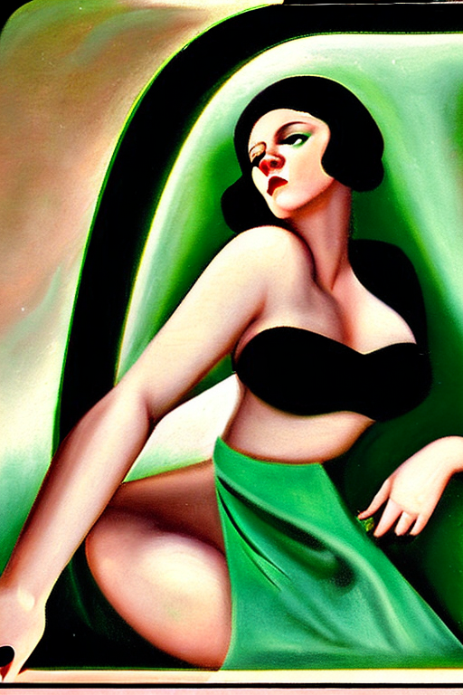 An AI generated image representing "An iconic example of the Art Deco style, Tamara De Lempicka's Autoportrait of Tamara in a Green Bugatti is a striking image. Its abstract forms, contrasting colours and dynamic composition give a sense of power and style, radiating a timeless energy."