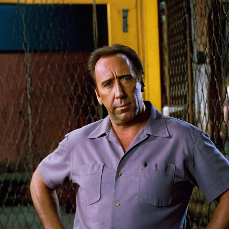 front shot, actor photo of a Homer Simpson Nicholas cage  looks at viewer, cinematic shot