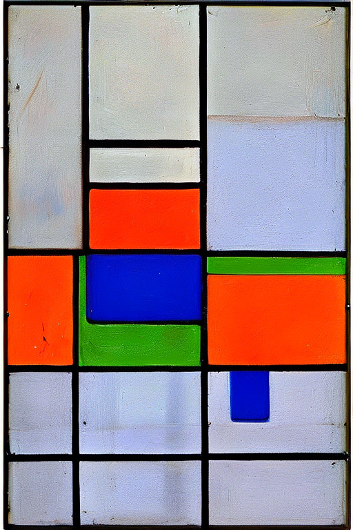 AI generated art representing "Abstract Piet Mondrian Tableau I: A precise and ordered arrangement of lines, shapes, and colours. A mostly monochromatic design of deep blues, purples, and greys, with splashes of red, yellow, and orange for contrast. A subtle, yet strong, energy radiates from the piece."