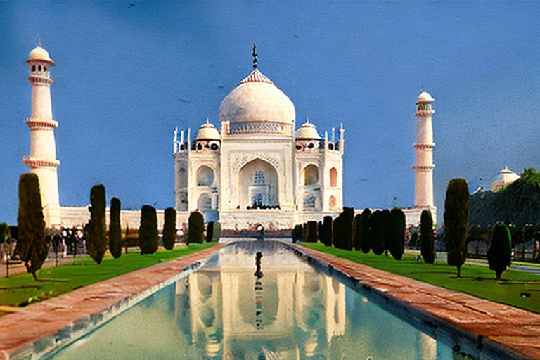 AI generated art representing "Illuminated by the rising sun, the Taj Mahal stands tall and majestic against the clear, crisp sky. Soft brushstrokes capture the vibrant colours of the morning light and shadows, creating a picture of serenity and peace. The intricate details of the architecture and surroundings, with a delicate balance of warm and cool tones, make this a work of art to be admired."