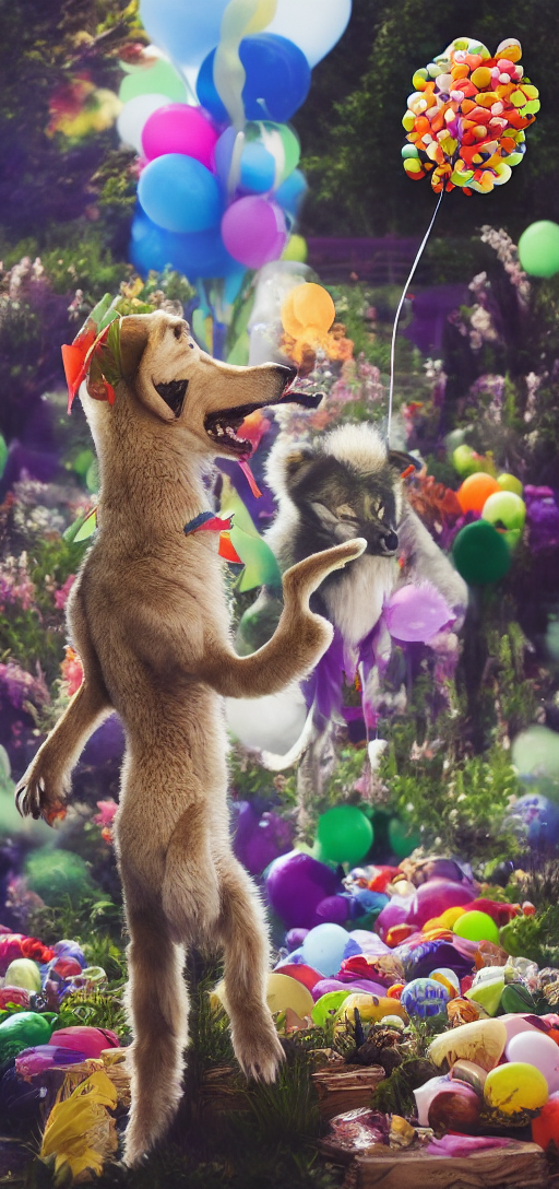 werewolf in foreground, flower balloon background