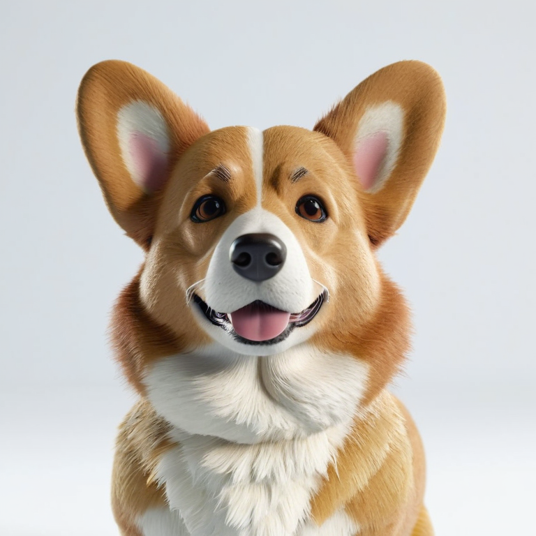 white background, front shot studio 3D render of corgi, cinematic shot
