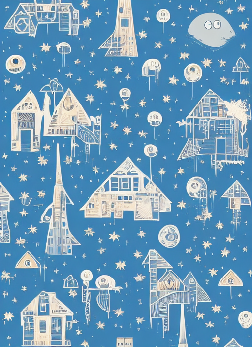 Houses and trees with eyes and a rocket ship