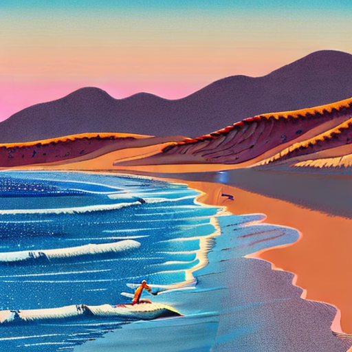 AI generated art representing "A California beach is the backdrop for a lone surfer riding the waves. The graphic print is a mix of gentle pinks and sandy yellows, contrasted by the deep blue of the ocean. The light is playful, and the scene is peaceful, with the sun reflecting off the surfer's board."