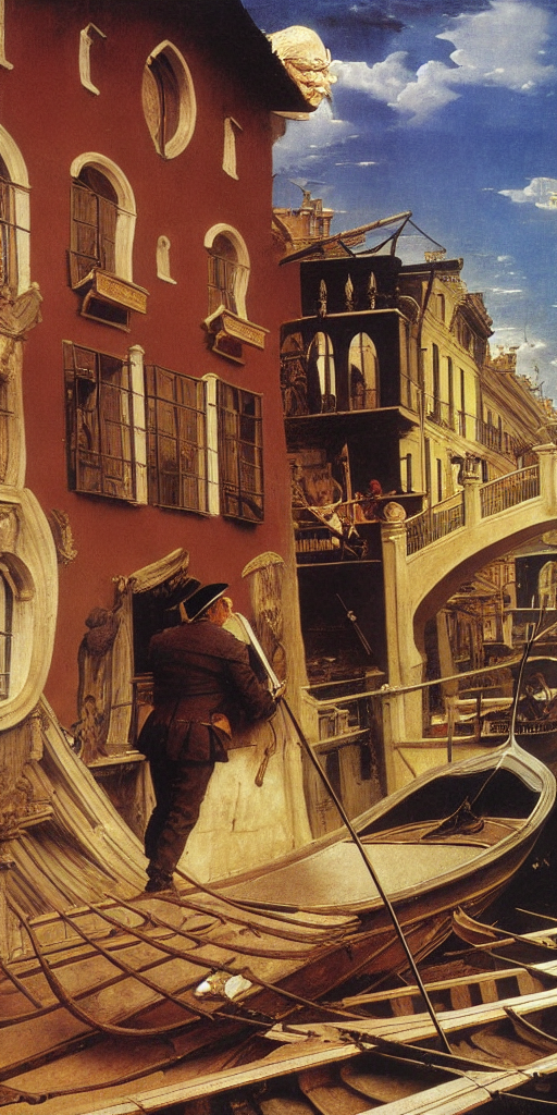 Man on Gondola  by Salvador Dali by da Vinci by Norman Rockwell