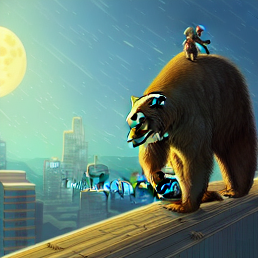 Long bearded Canadian is hunting a radioactive bear, top of a skyscraper