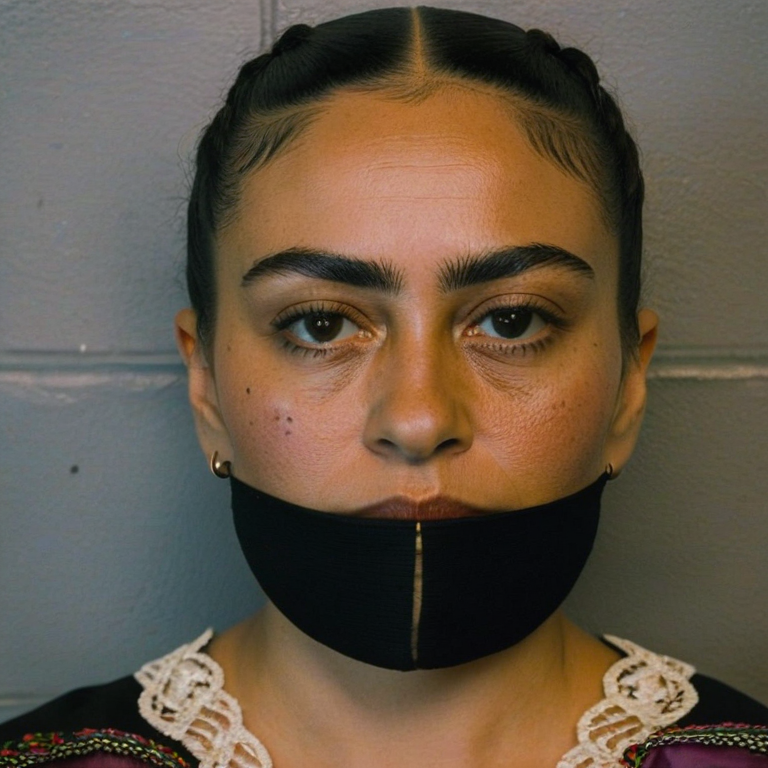 front shot, mugshot photo of a Frida kajlo  looks at viewer, cinematic shot