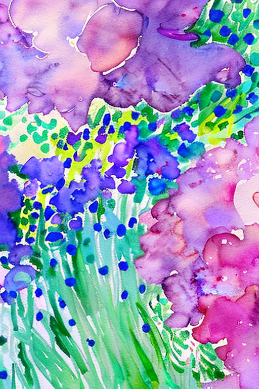 AI generated art representing "Design a watercolor painting inspired by the impressionist style of Claude Monet, featuring abstract representations of a blossoming spring garden. Use a palette of light greens, pinks, yellows, and purples to depict the vibrant colors of blooming flowers and fresh foliage. Employ loose, expressive brushstrokes to create a sense of movement and vitality."