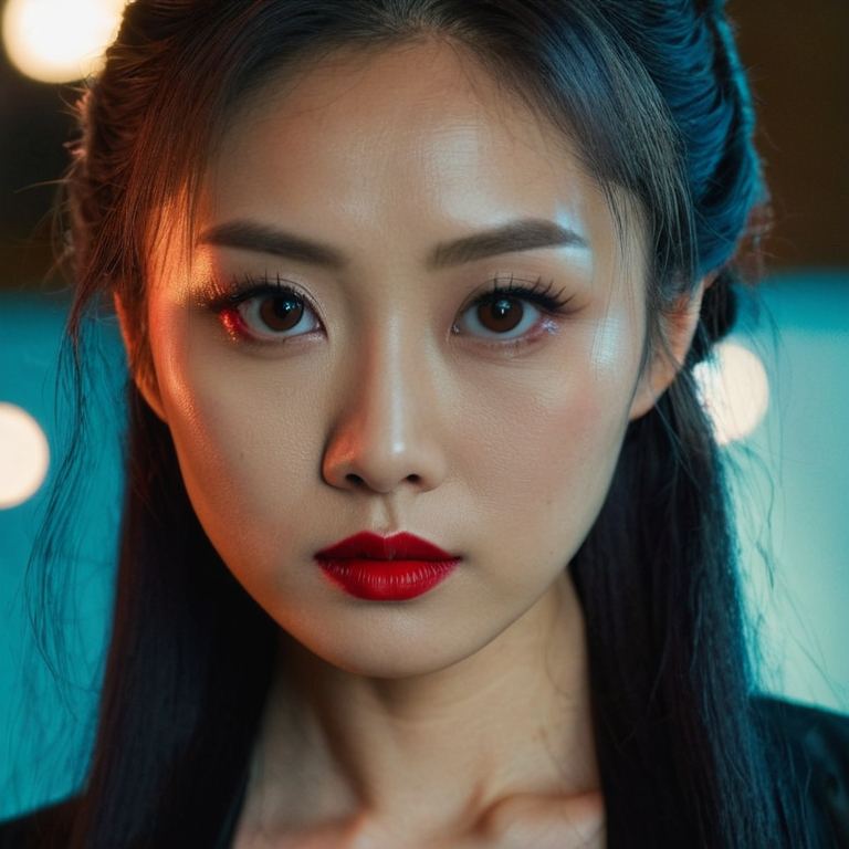 front shot, actor photo of a Asian female big eyes long hair red lipstick  looks at viewer, cinematic shot