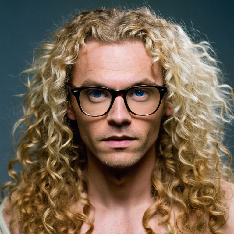 front shot, actor photo of a Long curly Blonde, hair tall glasses manic wild expression  looks at viewer, cinematic shot