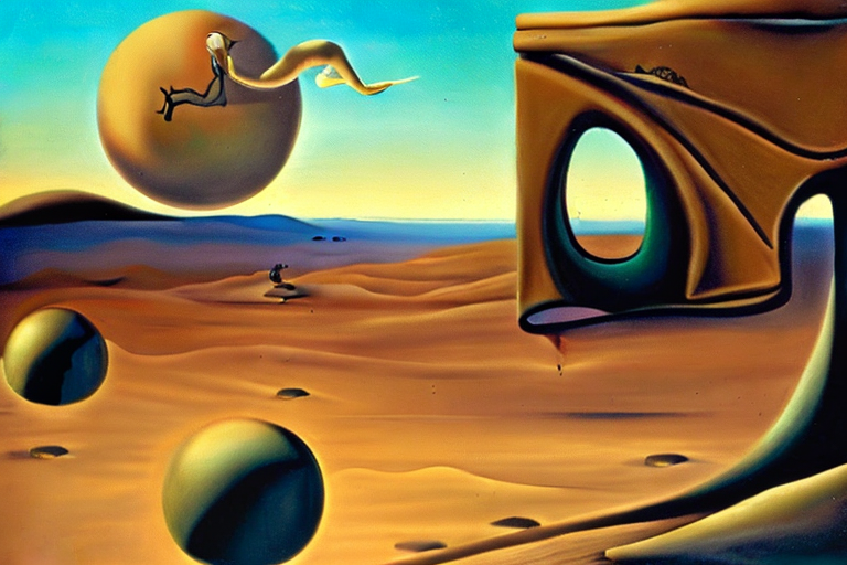 An AI generated image representing "Generate a captivating dreamscape with surreal elements, such as melting clocks and levitating boulders, set against a desert backdrop with a calm sky, reminiscent of Salvador Dalí's "The Persistence of Memory.""