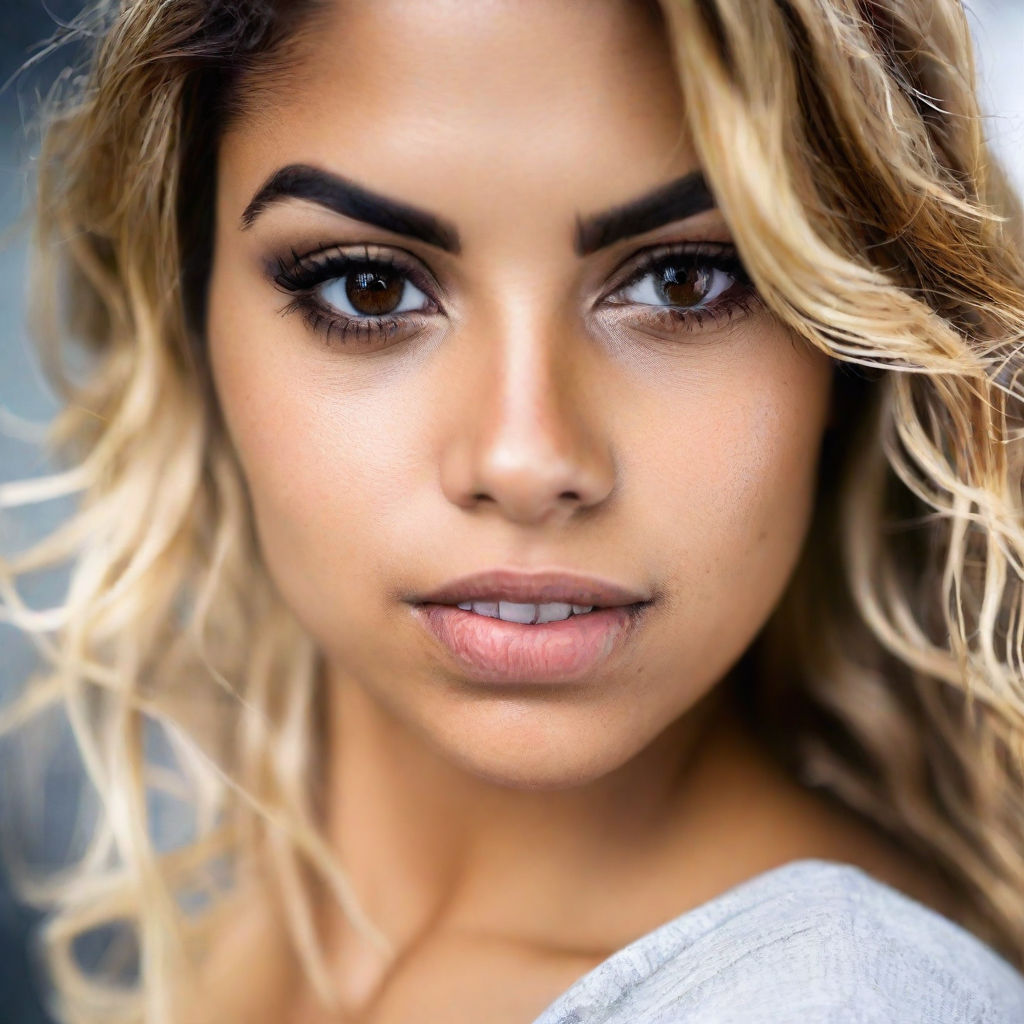 front shot, photo of a hispanic woman with hazel eyes and blonde hair  looks at viewer, cinematic shot