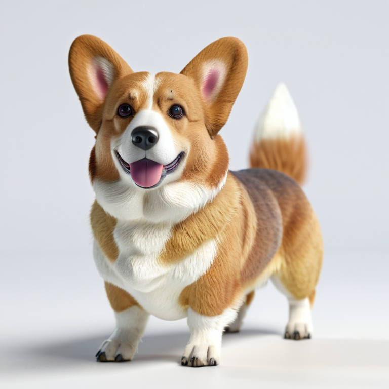 white background, front shot studio 3D render of corgi, cinematic shot