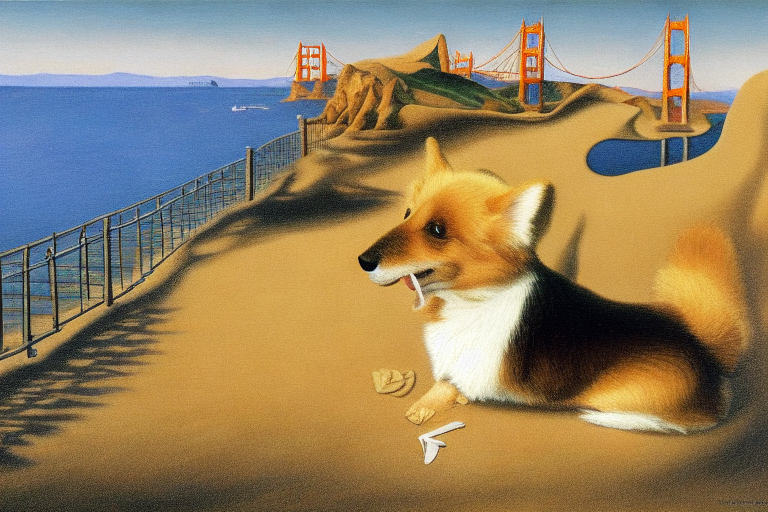 Sable haired heart shaped face Corgi with tail on sand at the beach, Golden Gate Bridge in background by Rene Magritte s