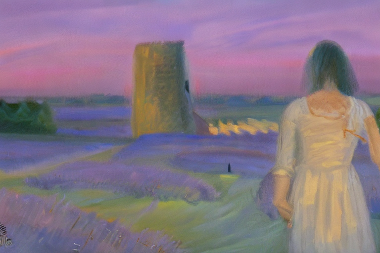AI generated art representing "At the pinnacle of the ruins, a man and woman stand hand in hand, as the last light of the golden hour fades away. Soft strokes of lavender, lilac and blush, draw a peaceful, dream-like quality to the air. A gentle breeze brings with it a sense of calm and freedom."