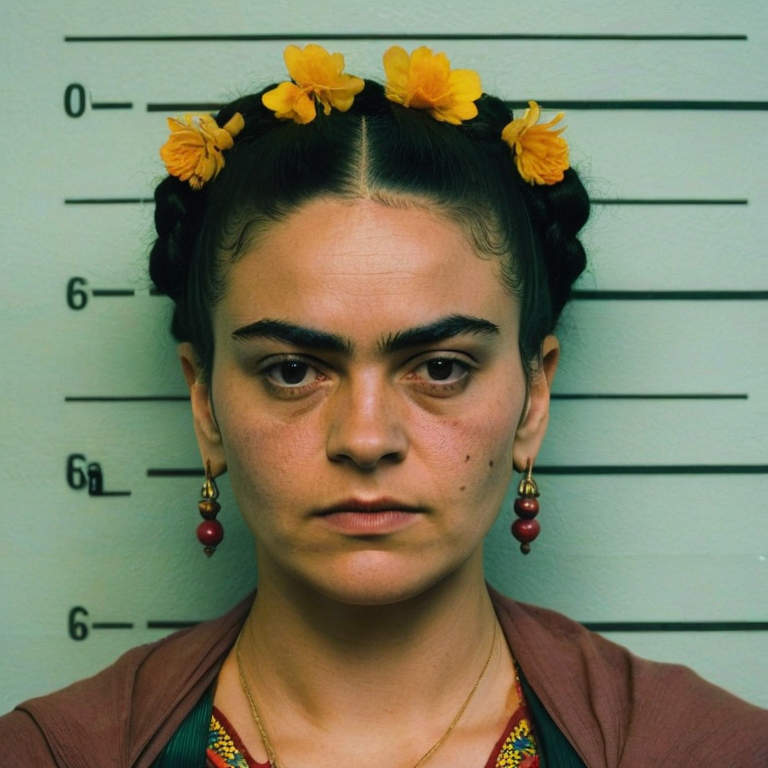front shot, mugshot photo of a woman who looks like frida kahlo  looks at viewer, cinematic shot