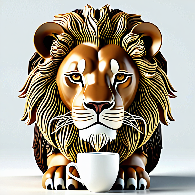 white background, front shot studio 3D render of espresso lion  looks at viewer, cinematic shot