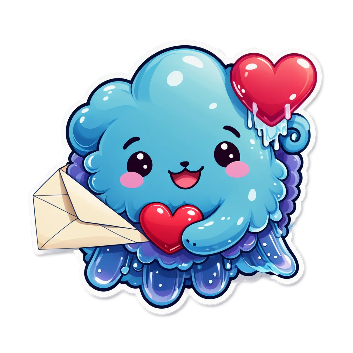 A fluffly jelly holding an envelop with a heart seal kawaii stickers