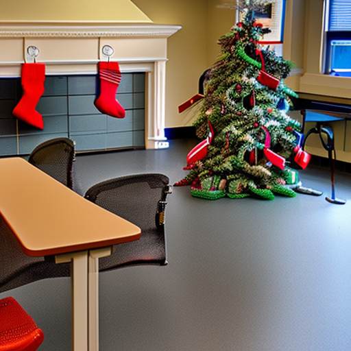 brick fireplace with christmas stockings in school classroom with desks and chairs