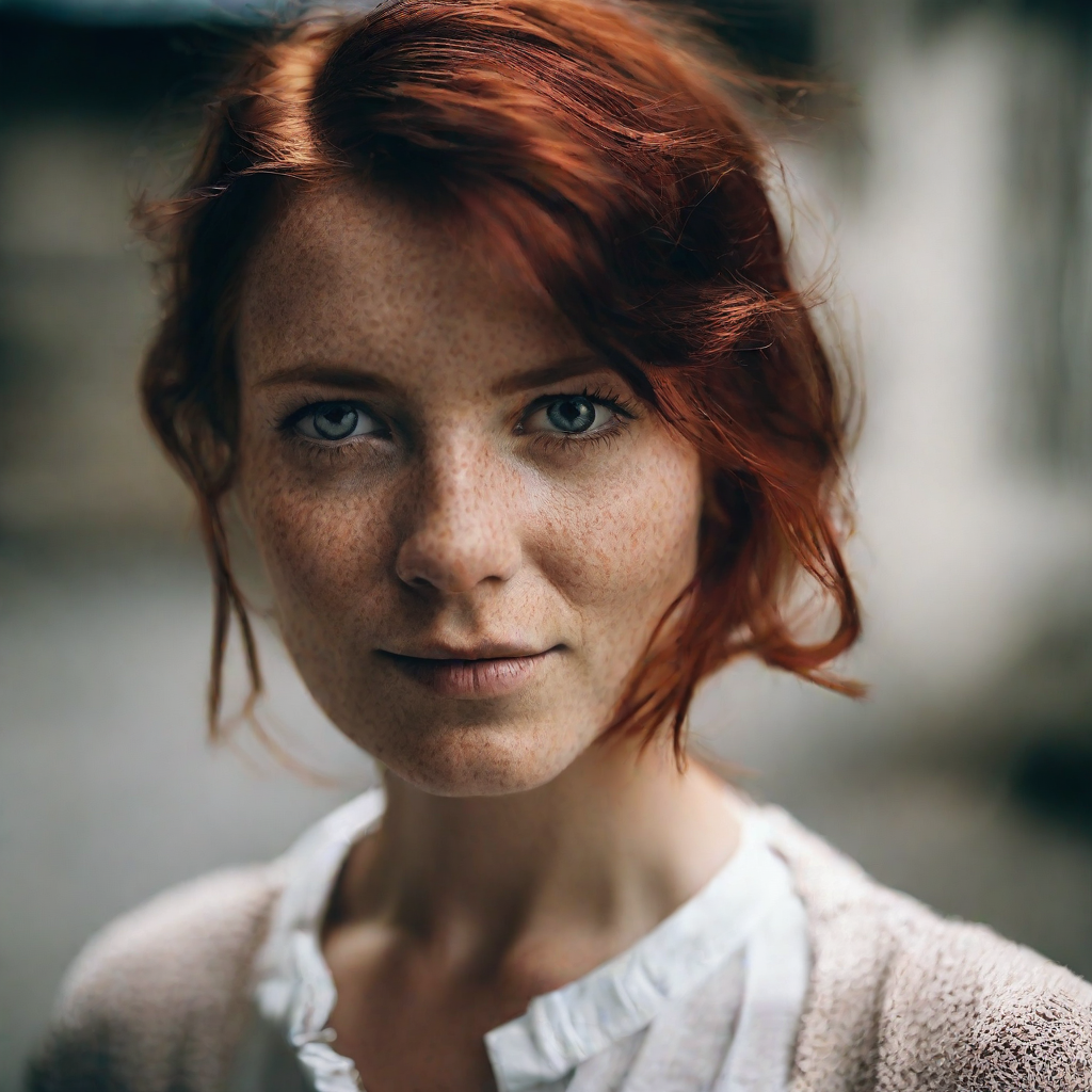 front shot, photo of a woman with red hair  looks at viewer, cinematic shot