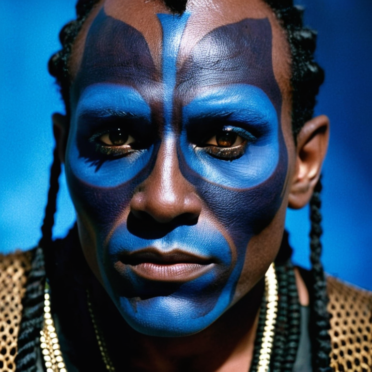 front shot, actor photo of a Blue skin  looks at viewer, cinematic shot