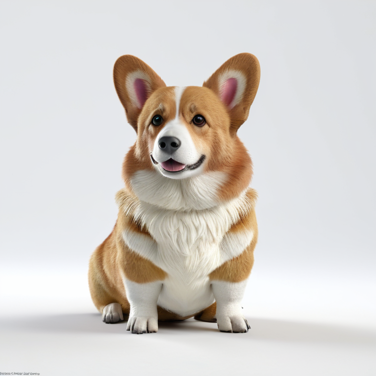 white background, front shot studio 3D render of corgi, cinematic shot