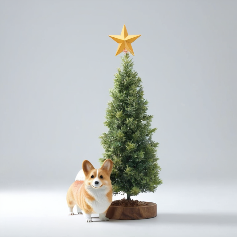 white background, front shot studio 3D render of corgi tree, cinematic shot