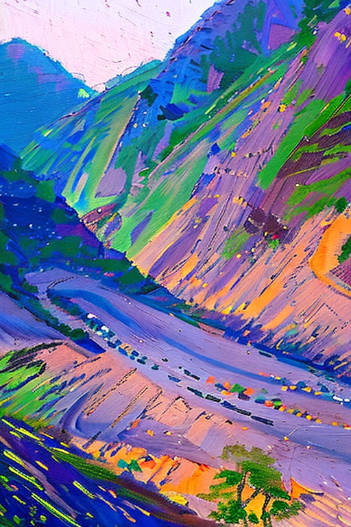 AI generated art representing "An ethereal, sun-drenched landscape of the ha giang mountains is illuminated in the golden hour, a man on a motorbike meandering along the winding roads. Light, delicate touches of oil paint and a vivid colour palette of greys, purples and greens create an almost mystical atmosphere, with a hint of awe and wonder."