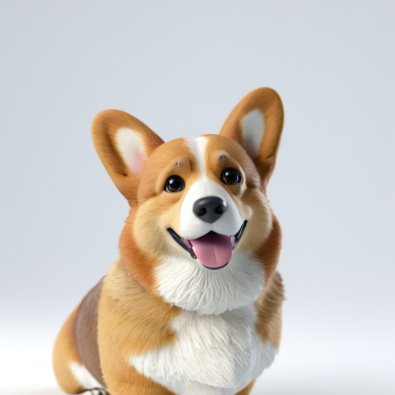 white background, front shot studio 3D render of corgi, cinematic shot