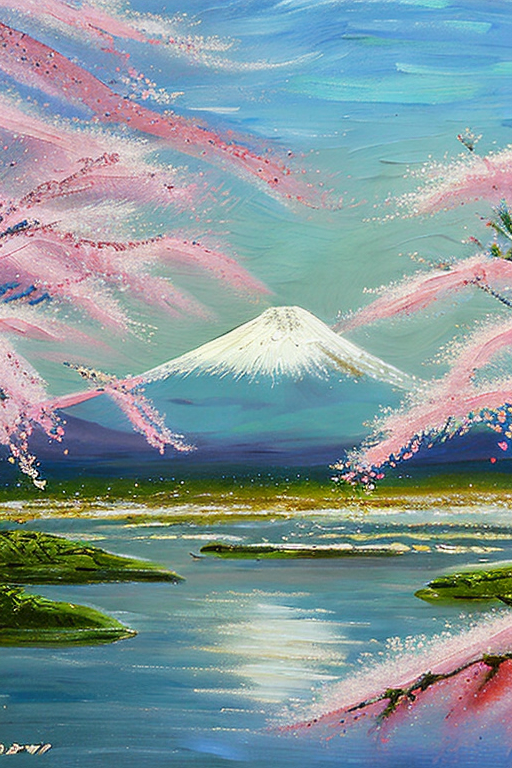AI generated art representing "A sunlit morning in Japan, the gentle breeze carries the scent of cherry blossoms. Mount Fuji in the background, creating a grandiose contrast to the soft misty atmosphere. A vivid yet soft palette of colours, a blend of delicate brush strokes and shimmering light, creating a harmonious symphony of happiness and contentment."